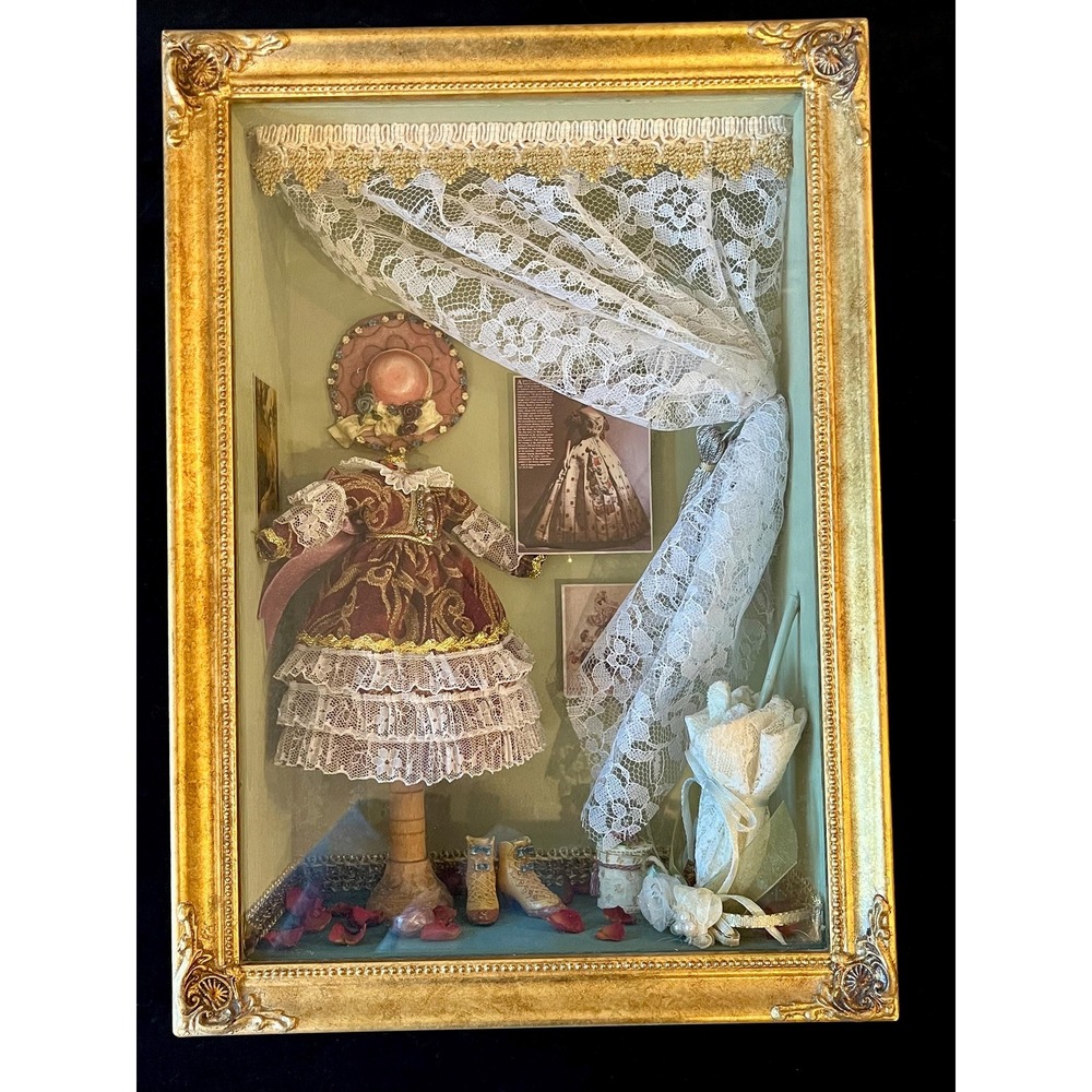 Vintage Victorian Fashion Shadow Box 3D Dress Lace Gold Frame Miniature Decor